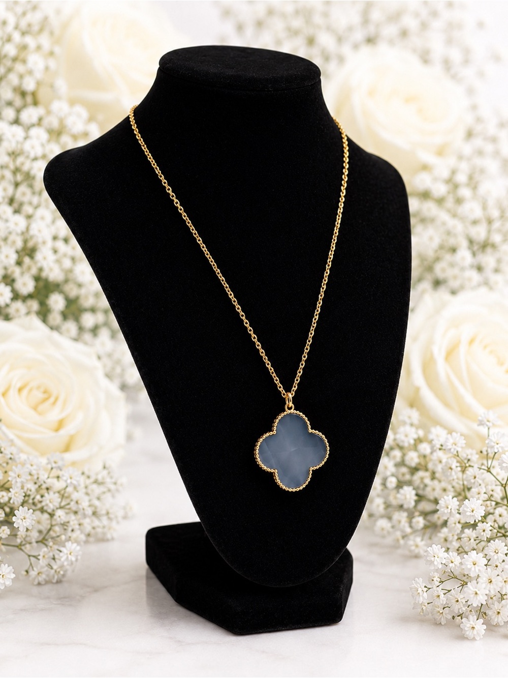 Gold Pendant Necklace with Blue Clover Motif - Women Jewelry